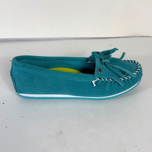 Minnetonka Turquoise Suede Moccasins Kitty Plus Womens Size 10 Fringe Whipstitch - Picture 13 of 16